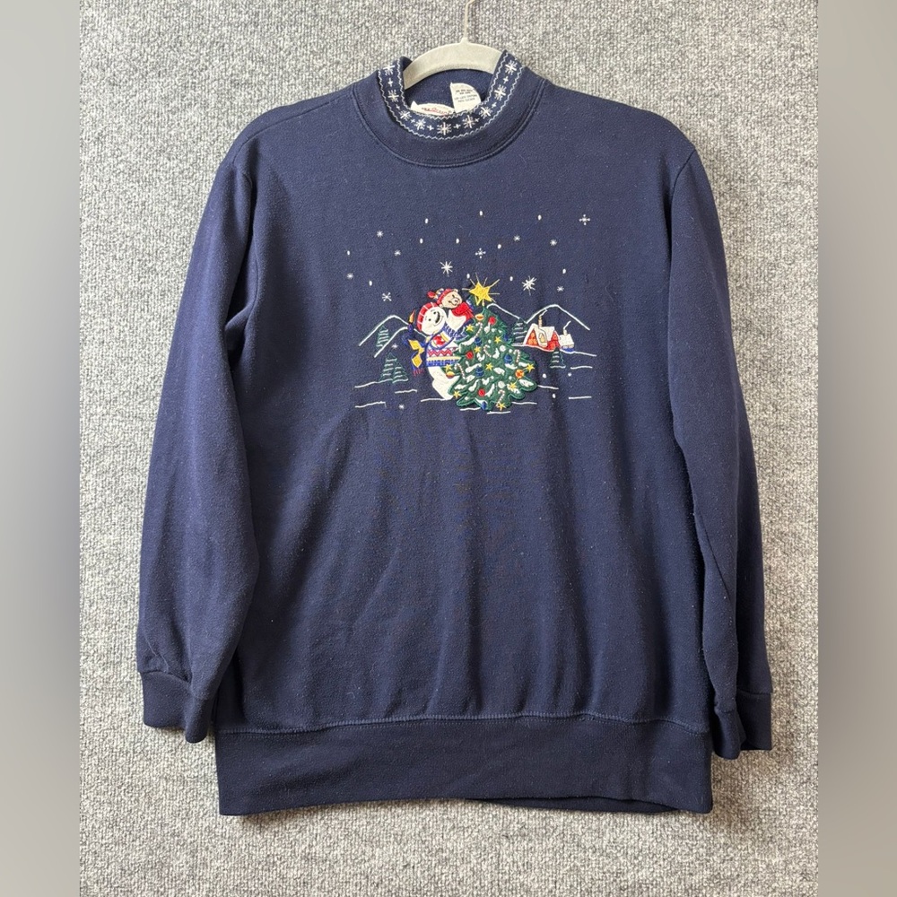 Bobbie Brooks Christmas Sweatshirt Sz S Blue Embroidered Snowman Mockneck VTG‎